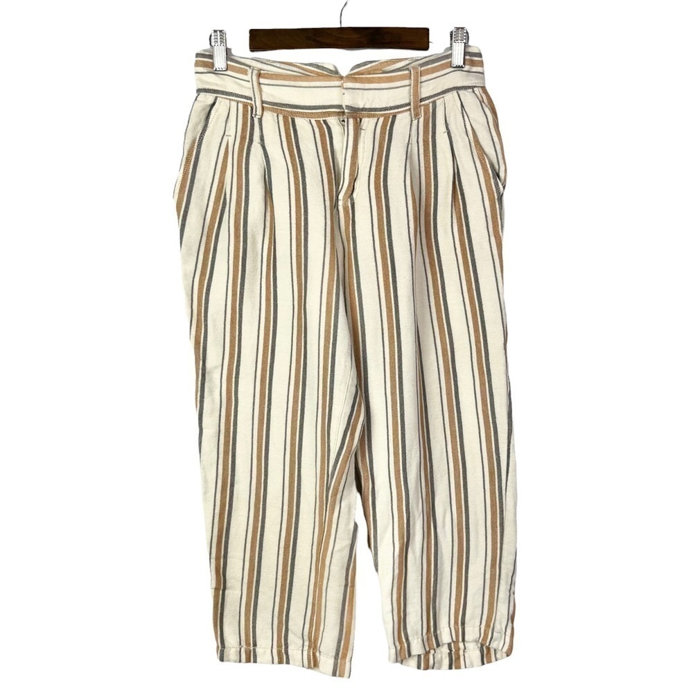 Free People Beige & Orange Stripe Pleated Cropped Linen Trousers 2
